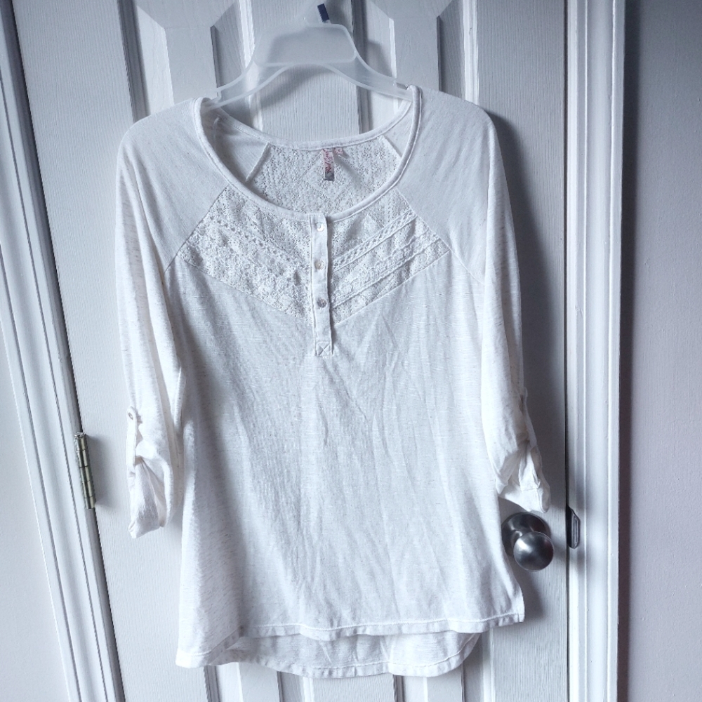 Red Camel - Ivory/Cream Blouse w/ Lace - Roll Tab Sleeves - Picture 1 of 7
